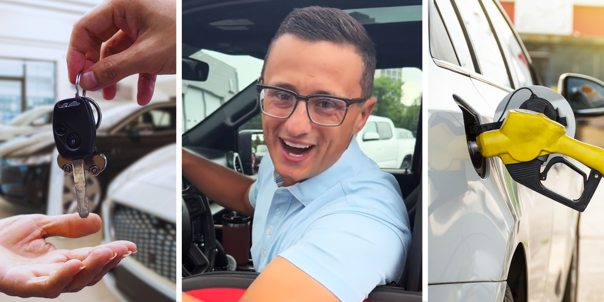 Hands passing keys(l), Man talking(c), Gas pump in car(r)