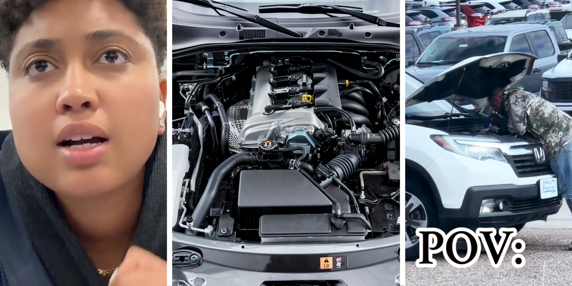 Person talking(l), Car engine(c), Man looking under car hood(r)