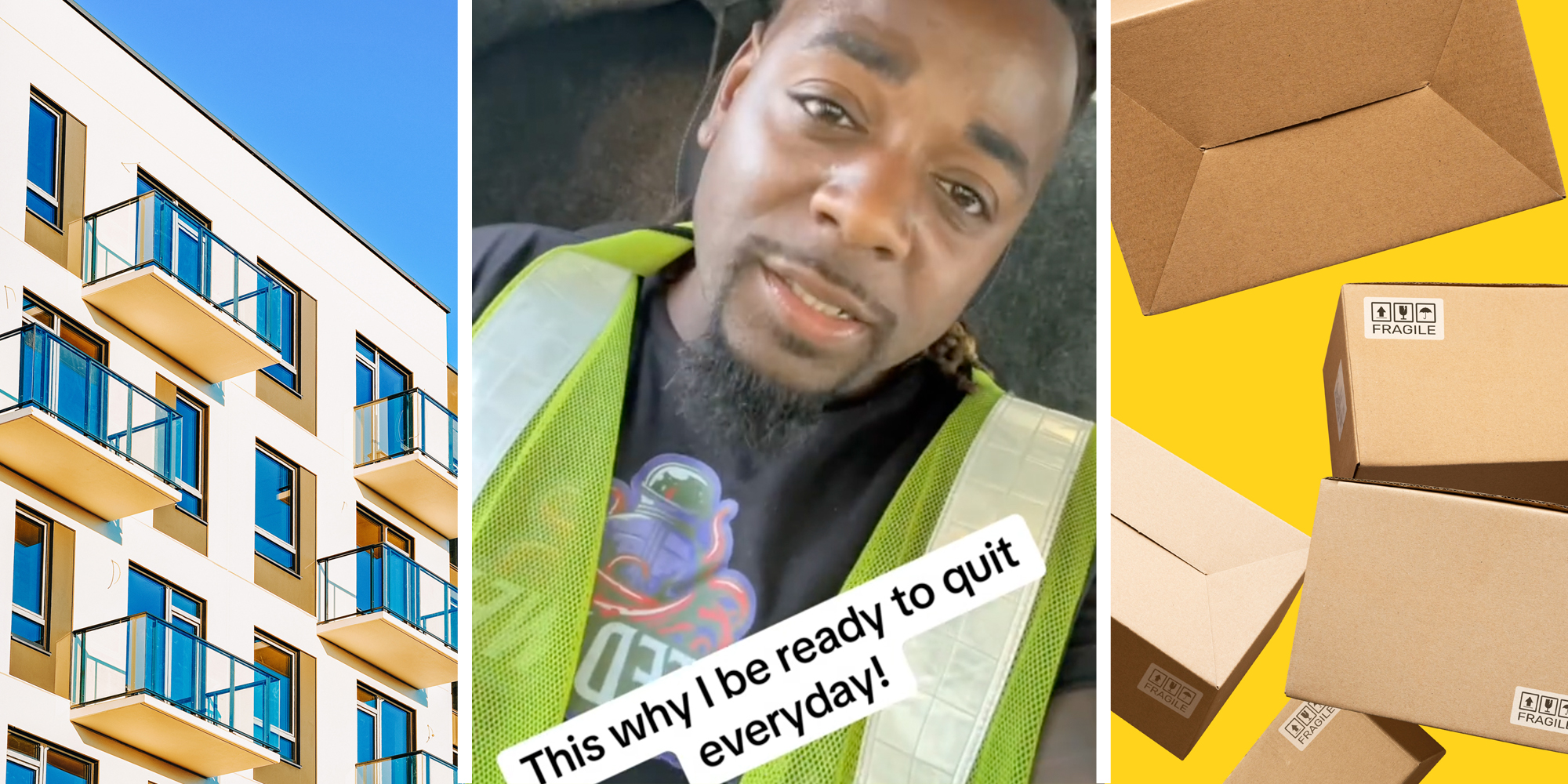 Apartment building(l), Delivery driver talking with text that says "This why I be ready to quit everyday"(c), Boxes floating on background(r)