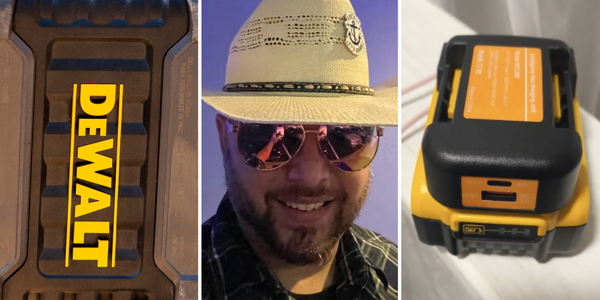 DeWalt logo(l), Man smiling(c), Battery pack(r)