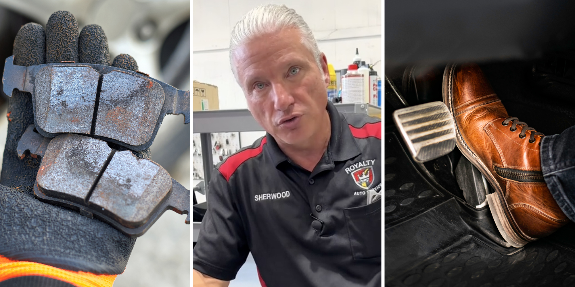 Hand holding Brake Pads(l), Mechanic talking(c), Foot on brake pedal(r)