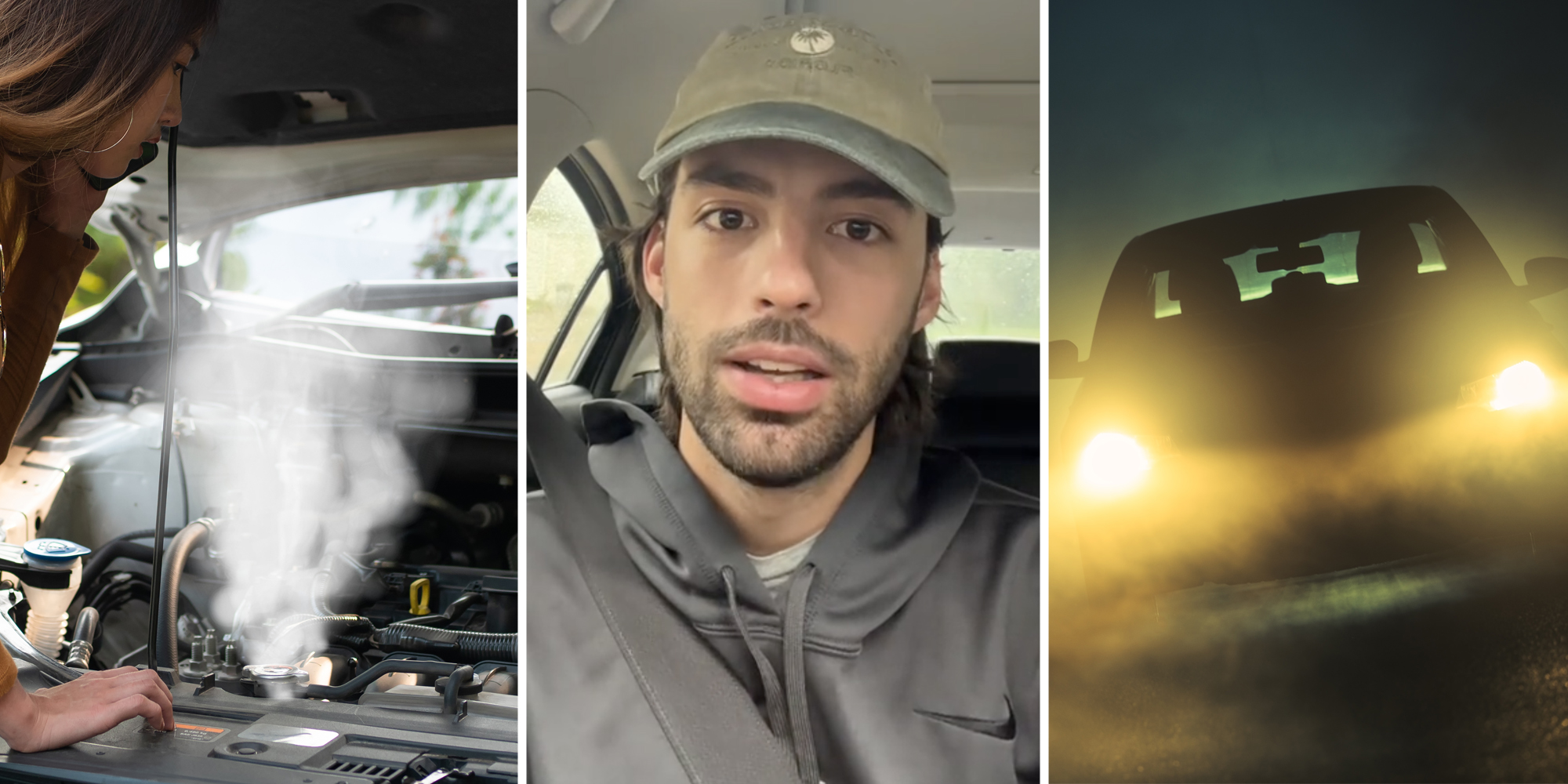 Woman with smoking engine(l), Man talking(c), Car headlights in fog(r)