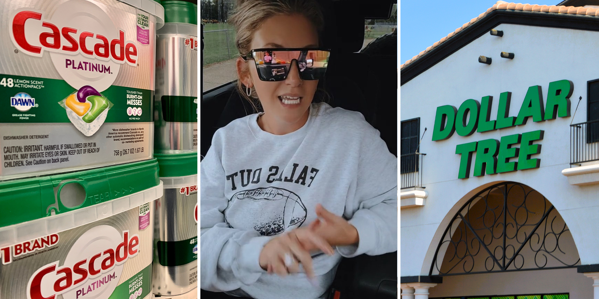 Cascade Pods On Shelves(l) Woman sitting inside car wearing grey sweatshirt and large sun glasses(c) Dollar Tree building sign(r)