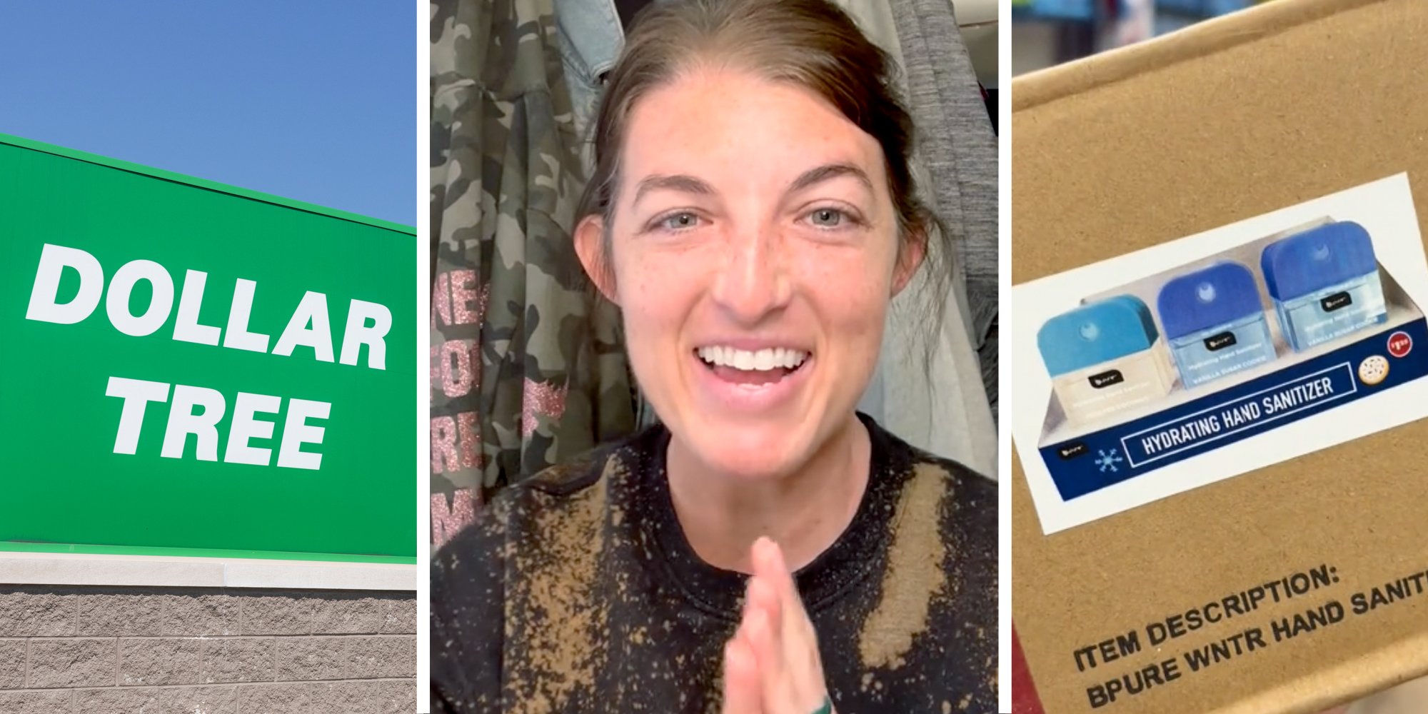 Dollar Tree sign(l), Woman talking(c), Box of Hand Sanitizer(r)