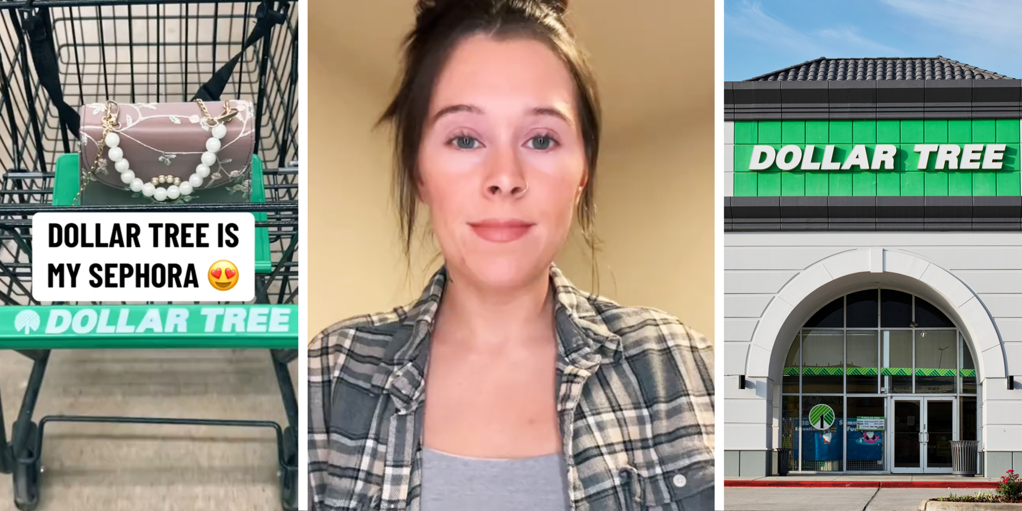 Dollar tree cart with purse and text that says "Dollar Tree is my sephora"(l), Woman talking(c), Dollar Tree(r)
