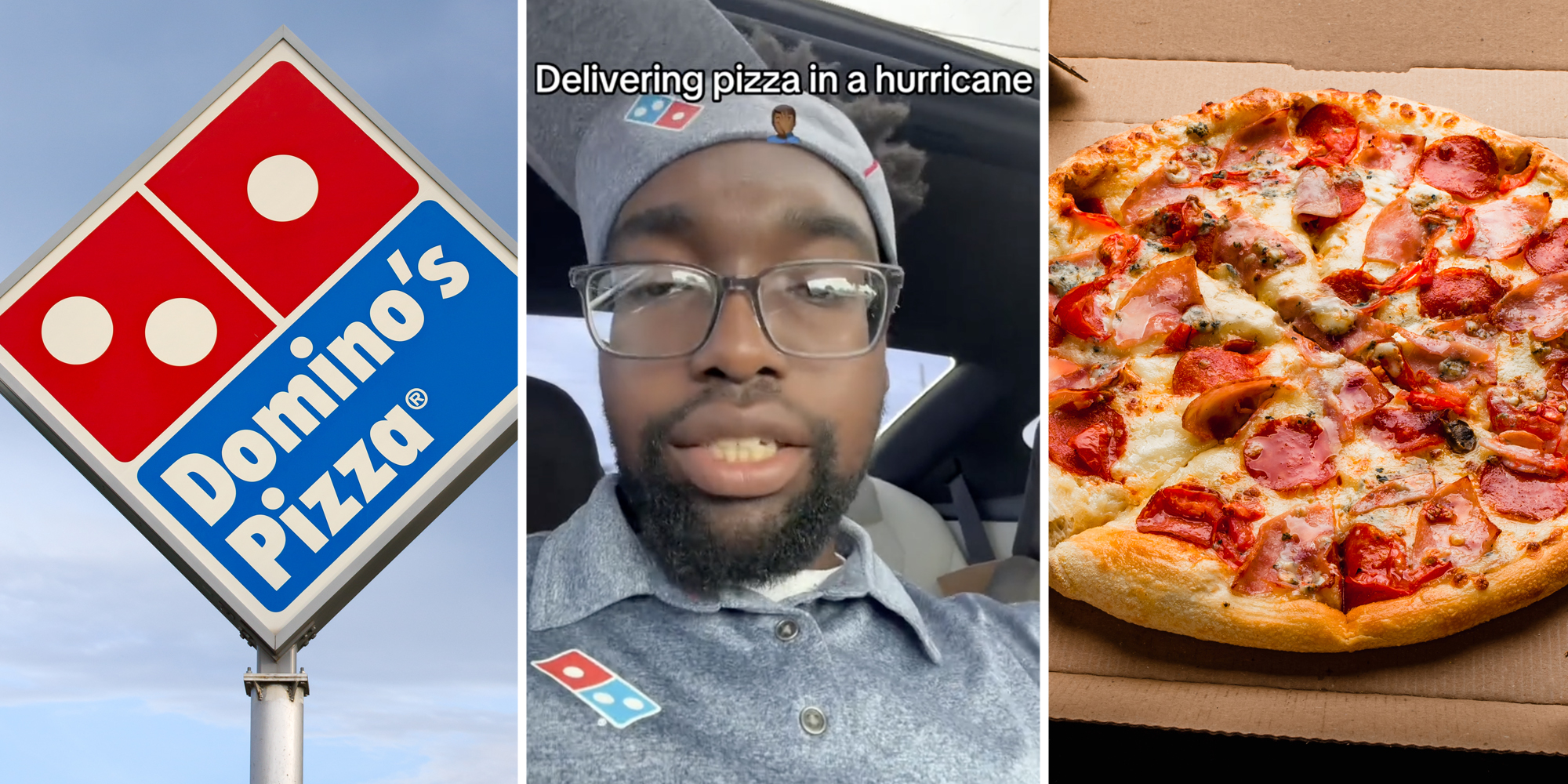 Domino's Pizza sign(l), Domino's Delivery guy with text that says "Delivery pizza in a hurricane"(c), Pizza in box(r)