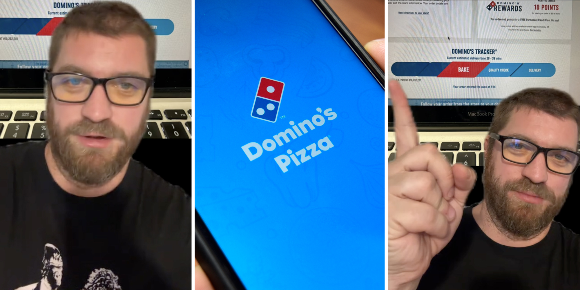 Man talking(l), Phone with Domino's pizza app(c), Man talking while pointing to pizza tracker(R)