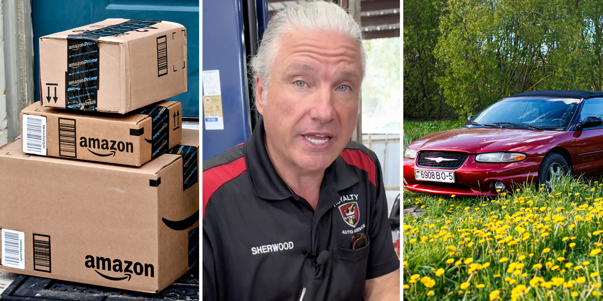 Amazon packages(l), Man talking(c), Chrysler Sebring(r)