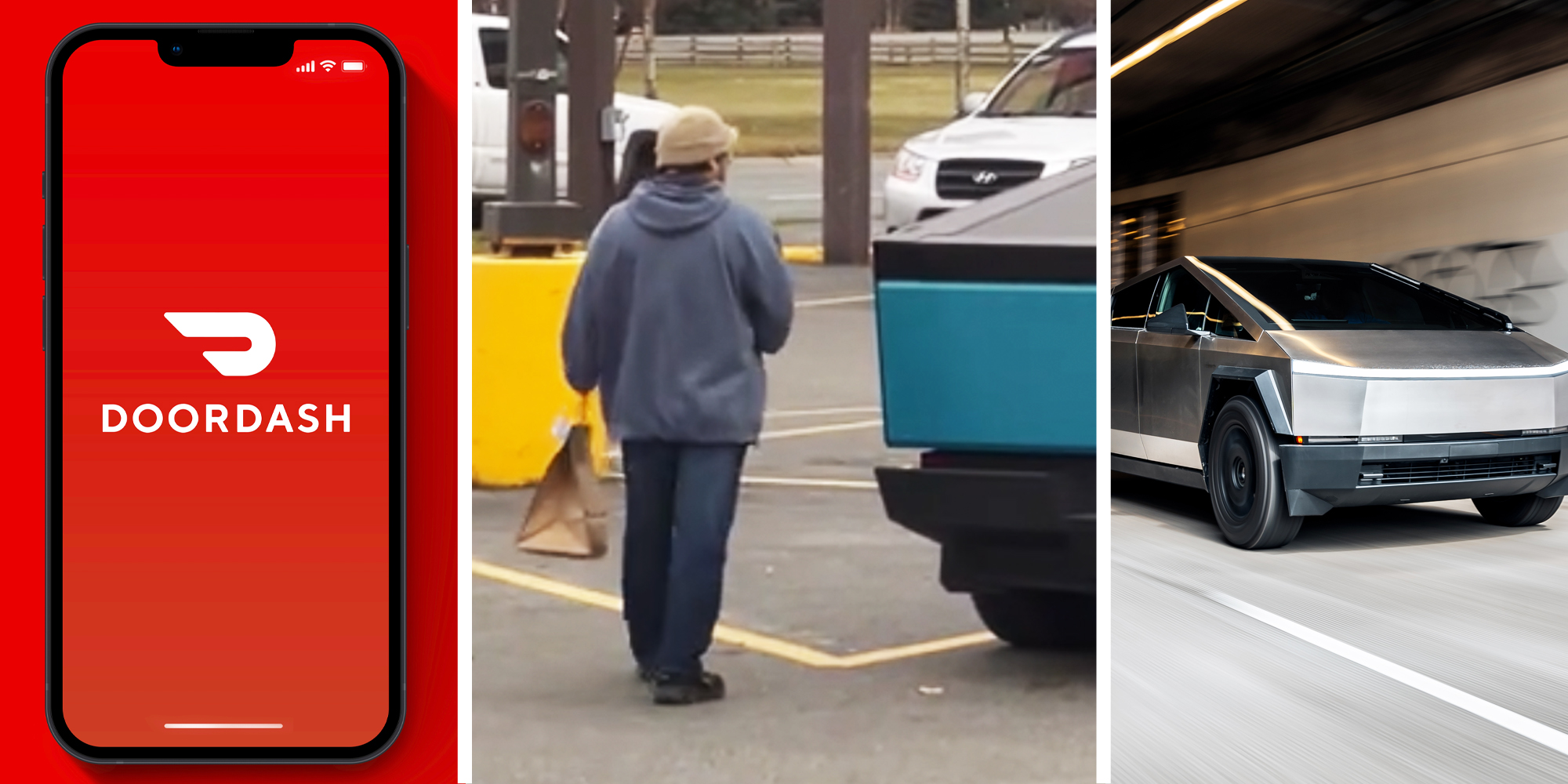 Doordash app on phone(l), Driver carrying take out bag to truck(c), Tesla cybertruck(r)