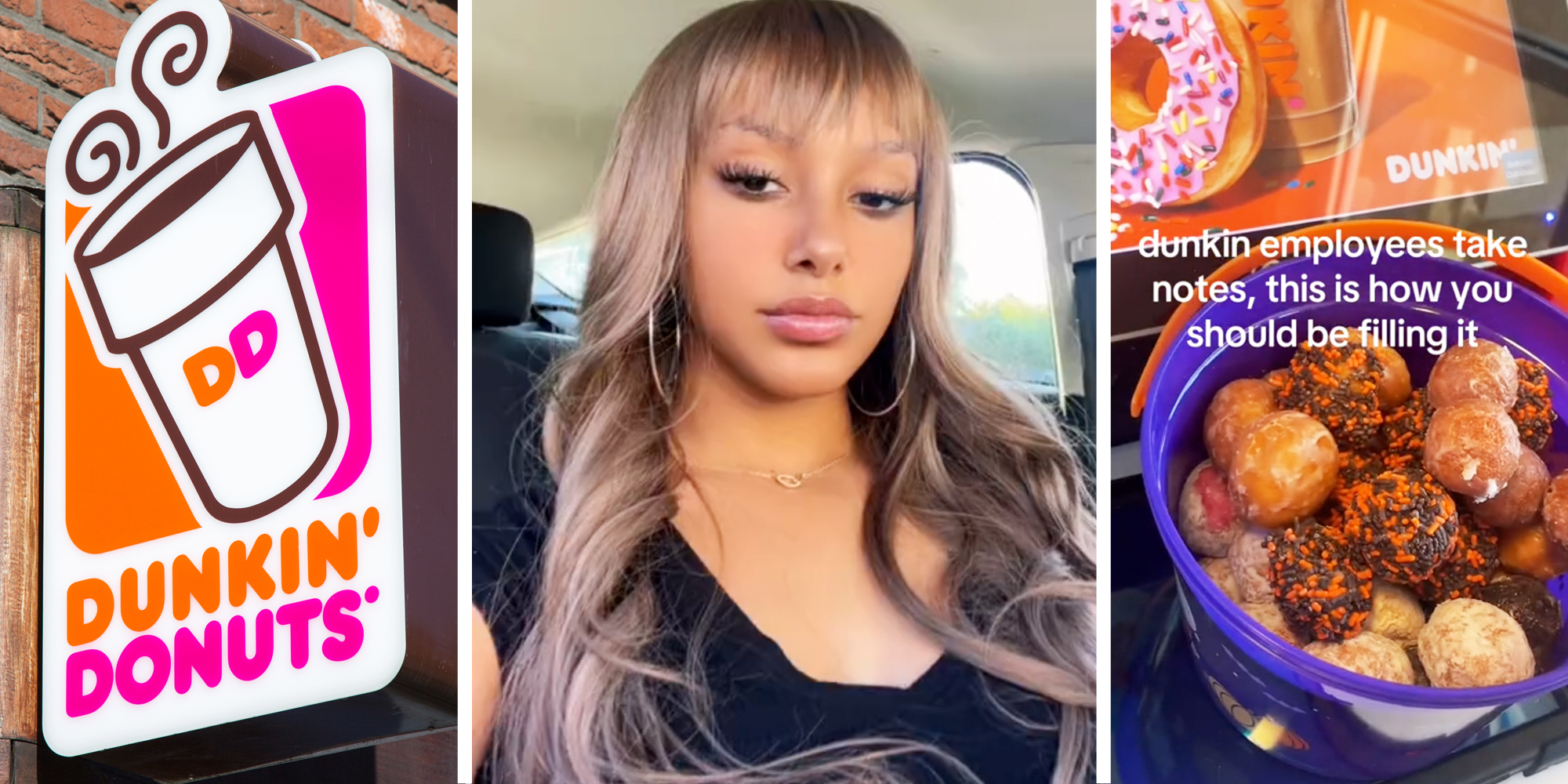 Dunkin Donuts sign(l), Woman talking(c), Munchkin Halloween donut bucket with text that says "Dunkin employees take notes, this is how you should be filling it"(r)