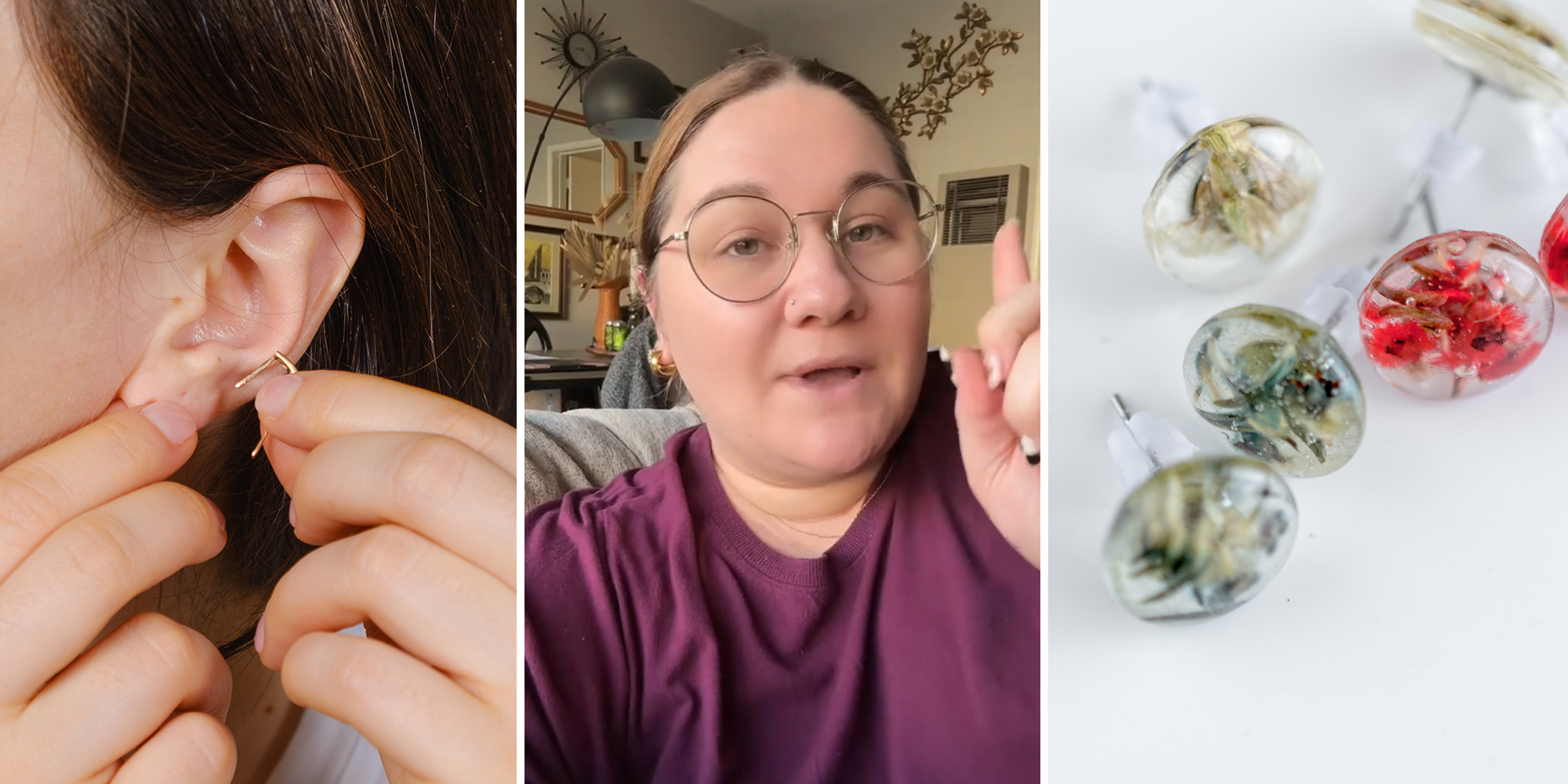 woman putting on earrings(l) Woman wearing maroon blouse(c) Earrings(r)