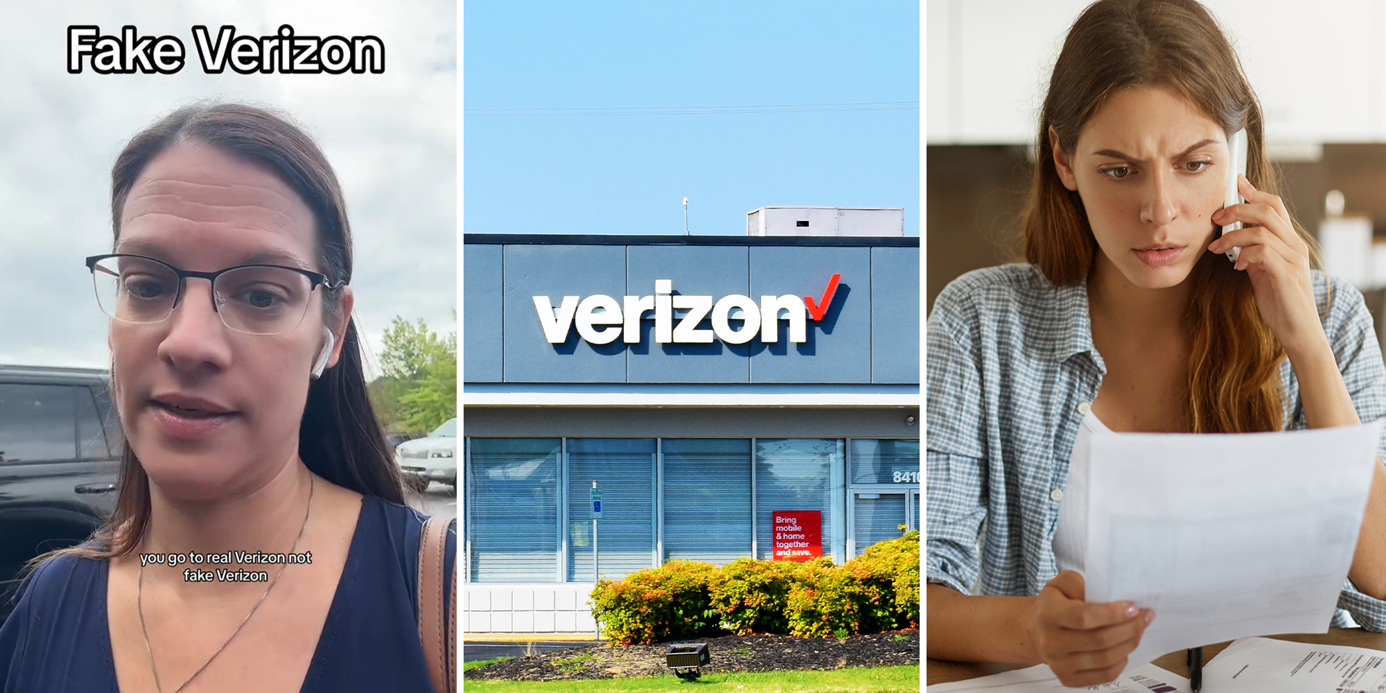 TikTok of woman wearing airpods with Text Overlay "Fake Verizon"(l) Verizon Store Front(c) Woman looking shocked while holding a phone(r)