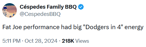 Tweet reading "Fat Joe performance had big "Dodgers in 4" energy."