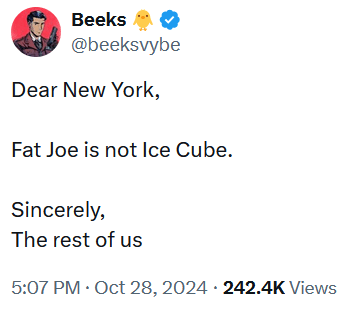 Tweet reading "Dear New York, Fat Joe is not Ice Cube. Sincerely, The rest of us."