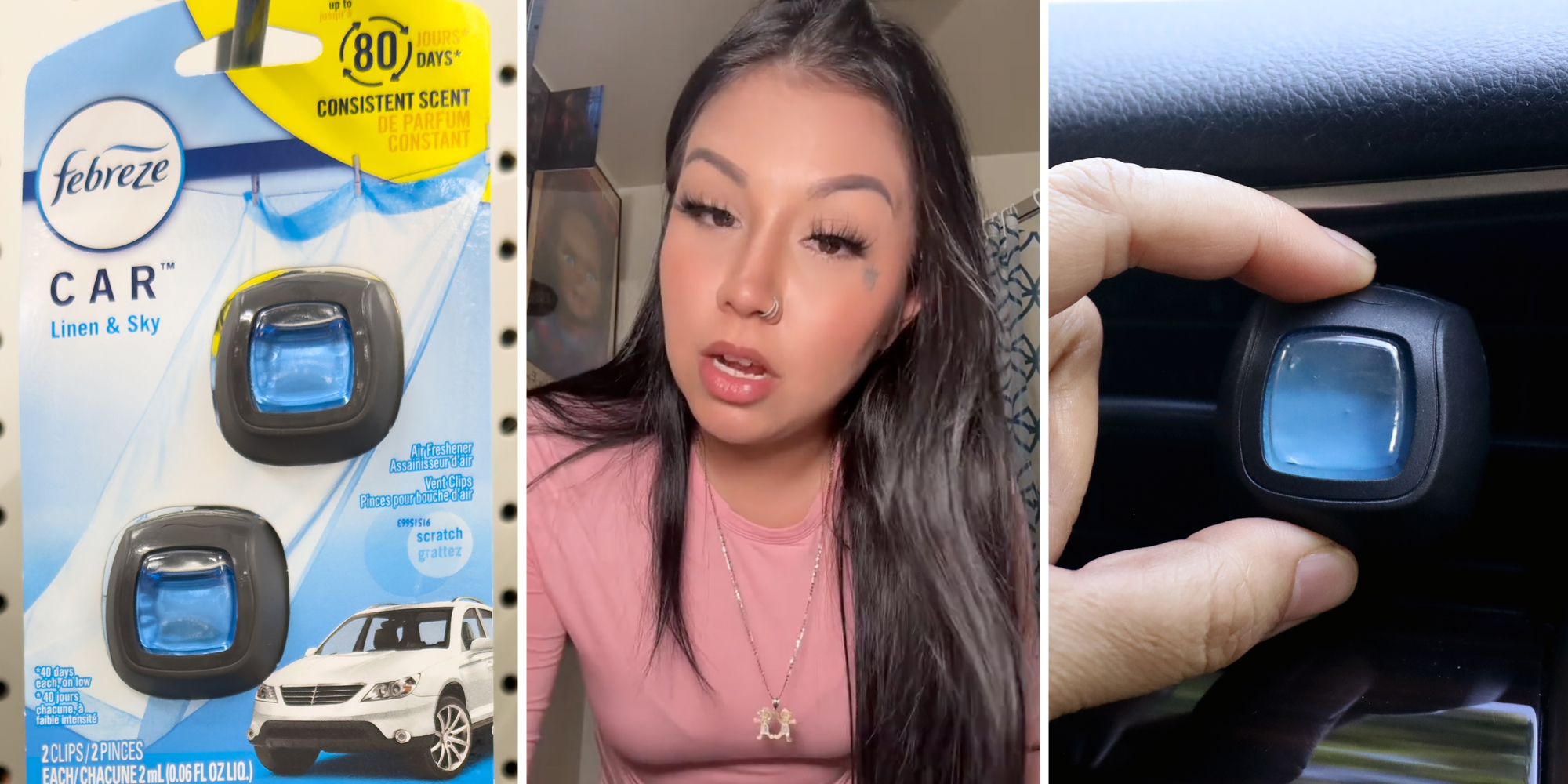 Frebreze Car Freshner(l), Woman talking(c), Hand adjusting car freshner(r)