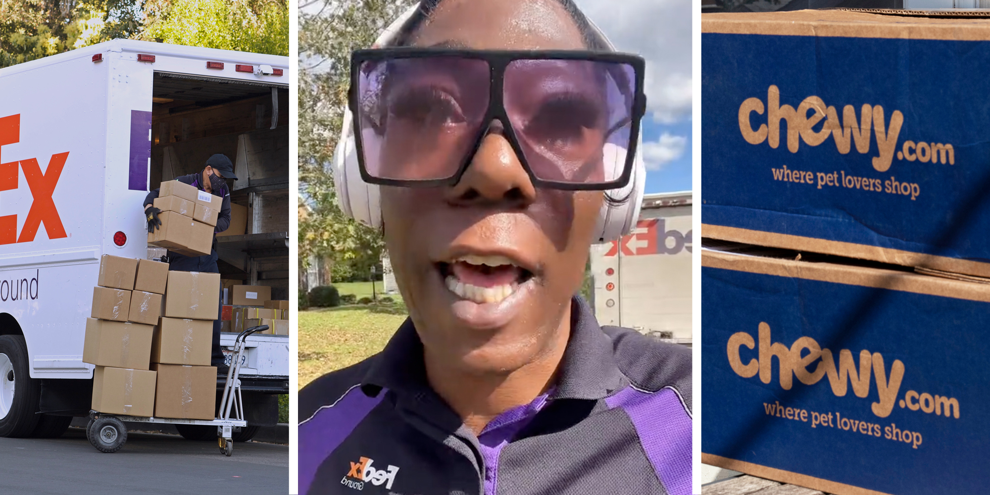 FedEx truck and working unloading boxes(l), FedEx driver talking(c), Chewy boxes(r)