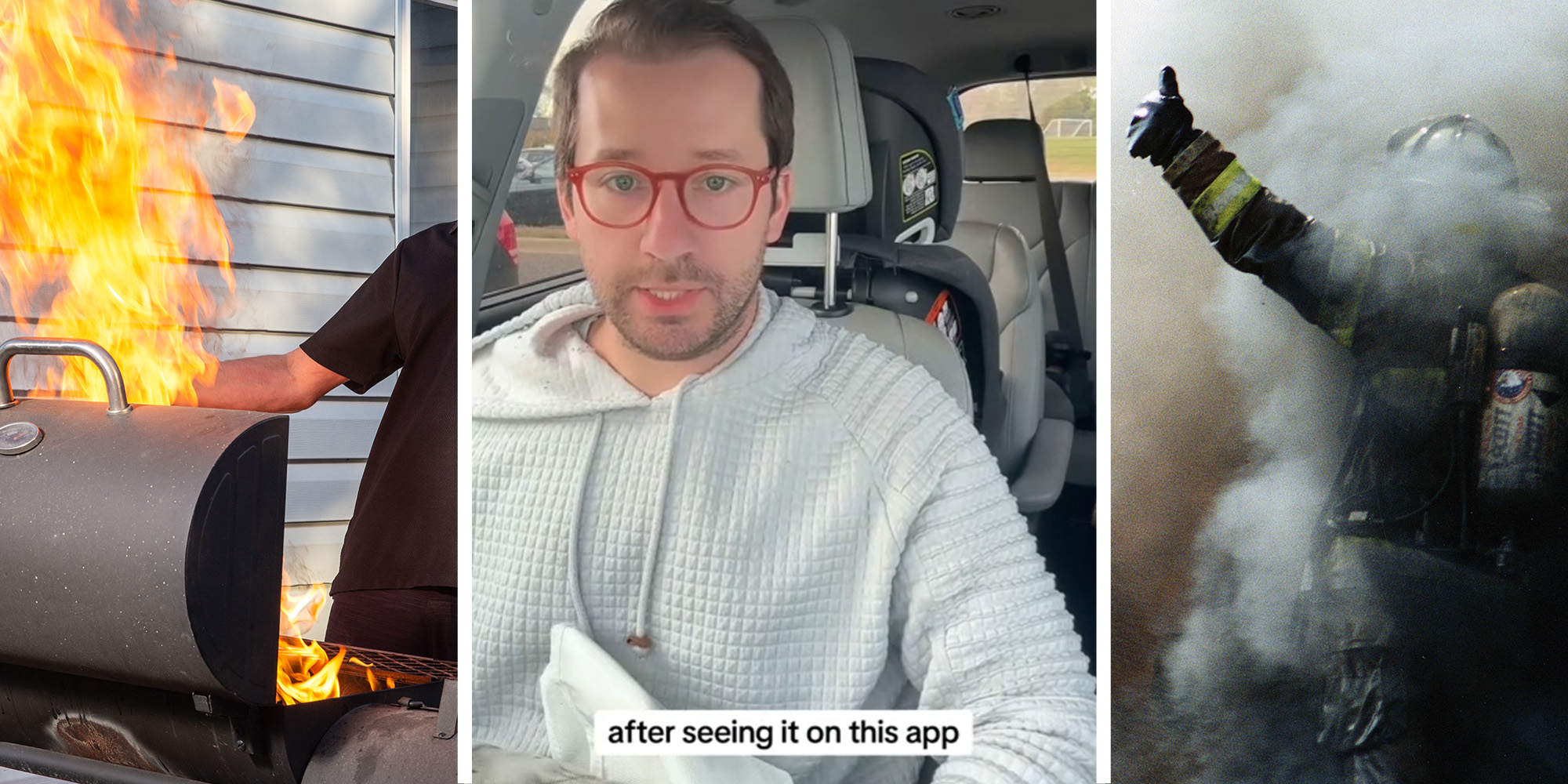 Grill Catching on Fire(l) Man inside car holding blanket(c) Firefighter hidden in smoke showing thumbs up(r)