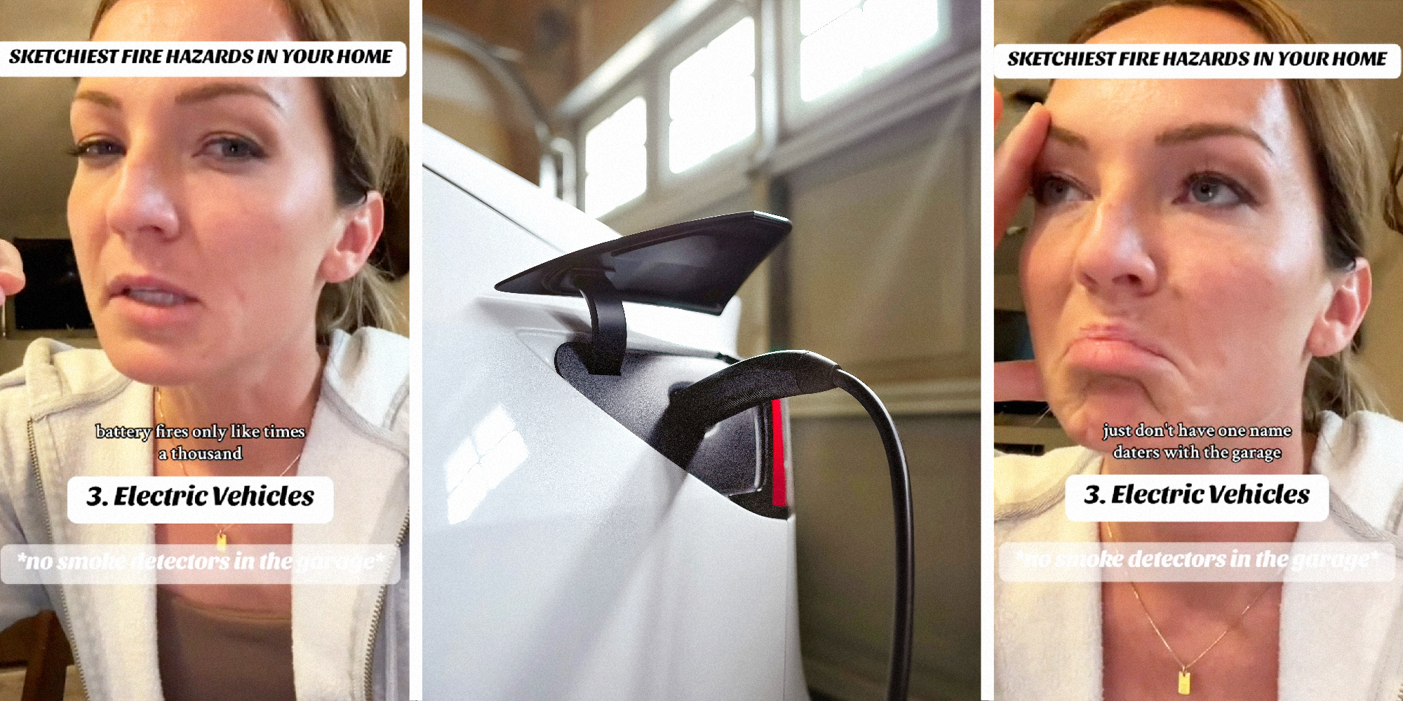 3 panel image of woman talking about fire hazards on the side. In the middle we see an electric vehicle plugged in to a charging station.