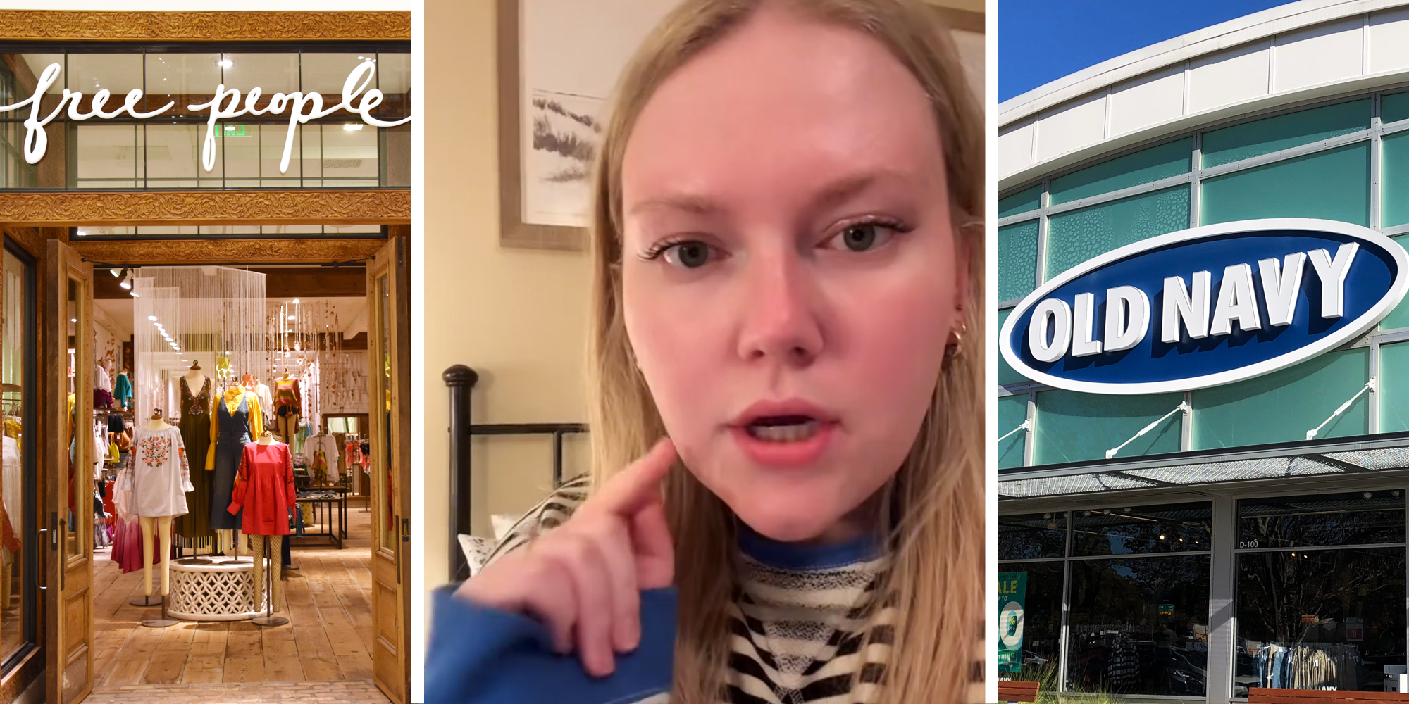 Free People store(l), Woman takling(c), Old Navy storefront(r)