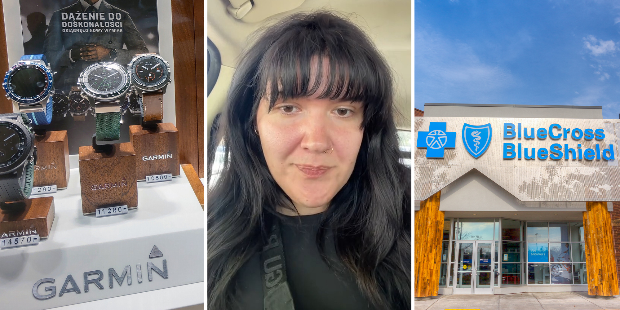 Garmin Watch Display(l) Woman on tiktok sharing deals you can get with Bluecross(c) BlueCross Blue Shield Building Front(r)