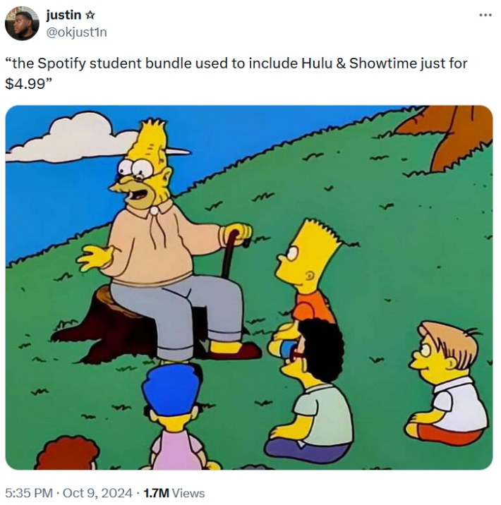 Grampa Abe Simpson Telling Kids Stories meme about old Spotify pricing.