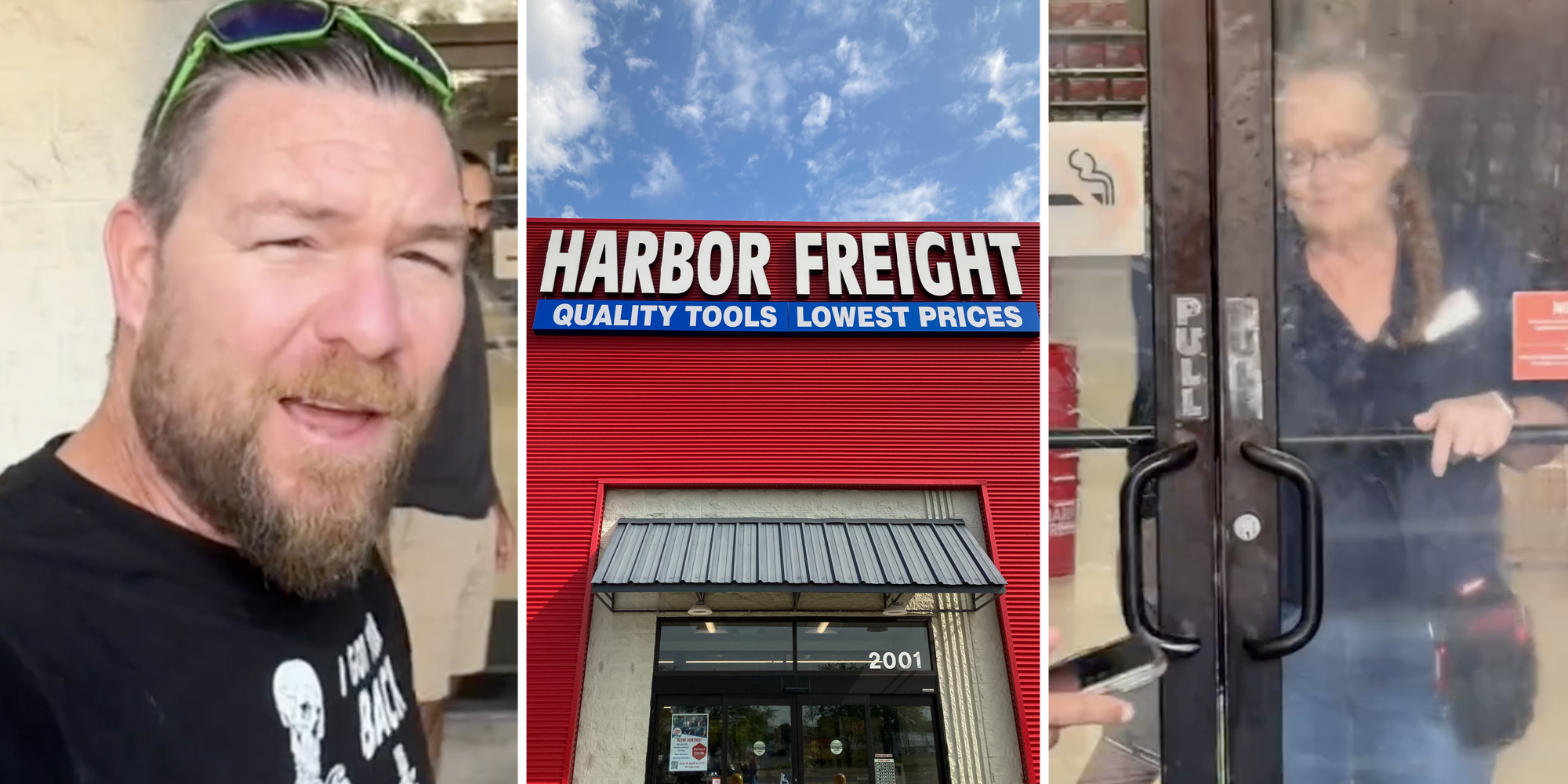 Man talking(l), Harbor Freight storefront(c), Woman opening up doors(r)