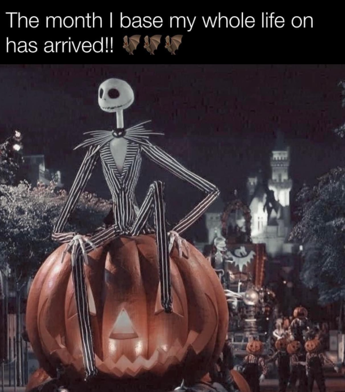 Halloween meme of Nightmare Before Christmas. Text reads, "The month I base my whole life on has arrived!! (bat emojis)"