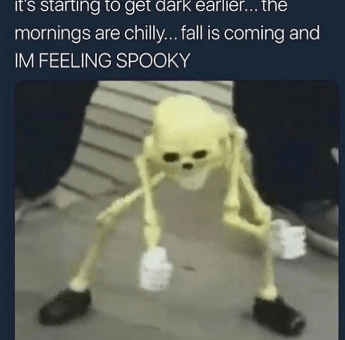 "It's starting to get dark earlier... the mornings are chilly... fall is coming and IM FEELING SPOOKY" with a dancing skeleton image.