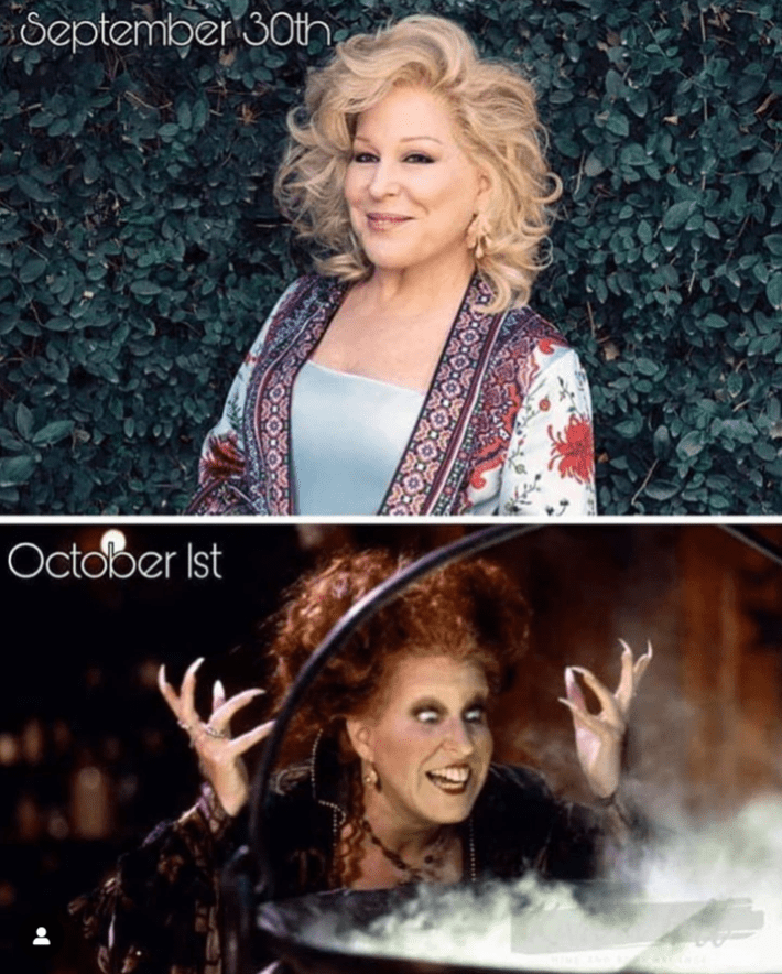 Halloween meme of Bette Midler as herself on September 30th and as Winifred Sanderson on October 1st.