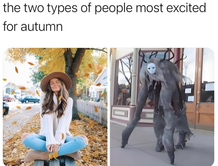 Halloween meme of Christian Girl Fall and a person dressed up as a cryptid. Text reads, "the two types of people most excited for autumn."