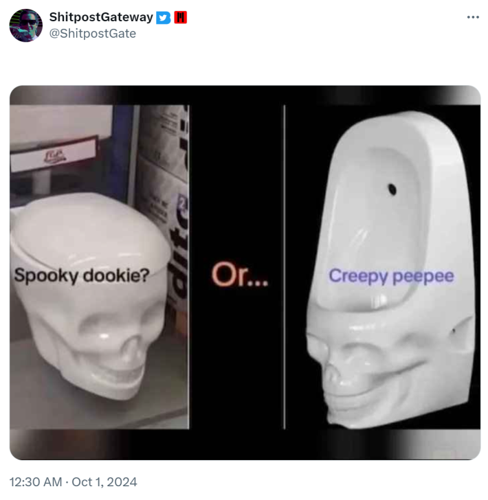 Photos of a toilet and a urinal shaped like skulls. Text reads, "Spooky dookie? Or... Creepy peepee."