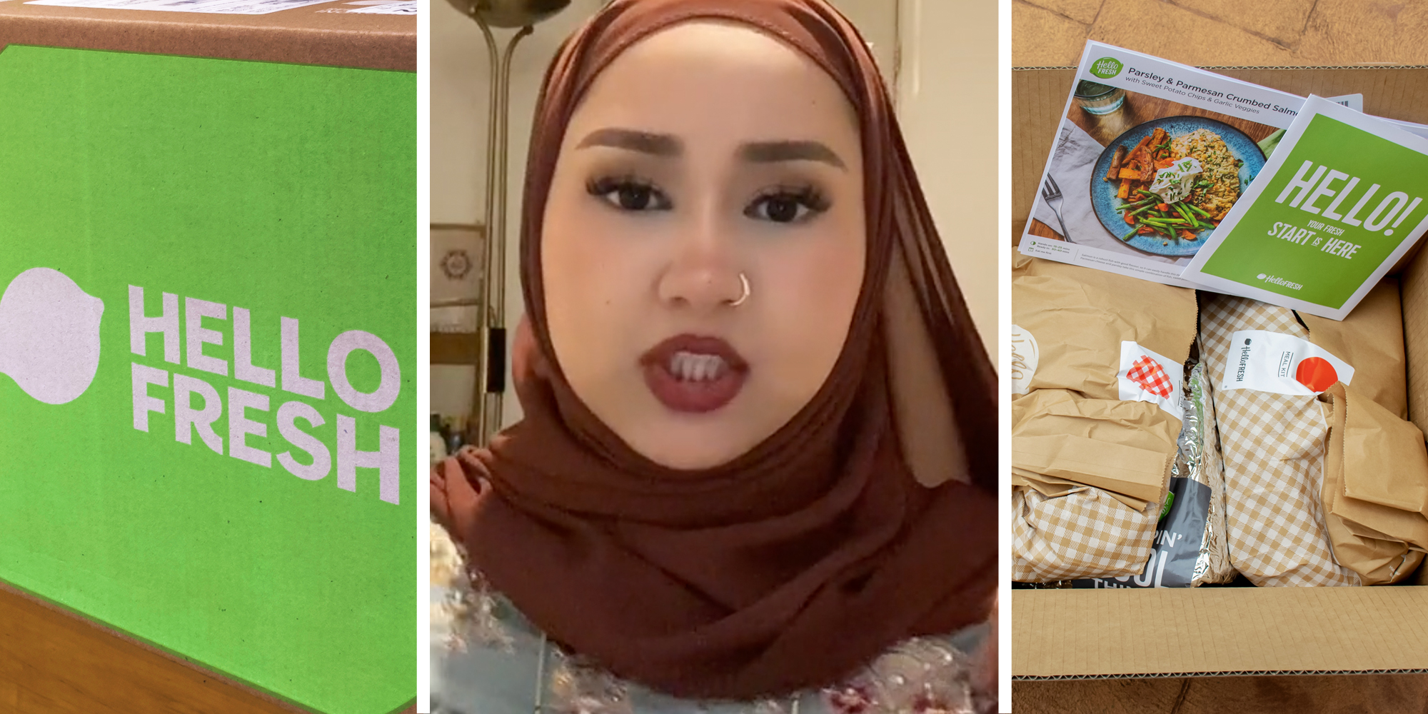 Hello Fresh box(l), Woman talking(c), Inside of box(r)