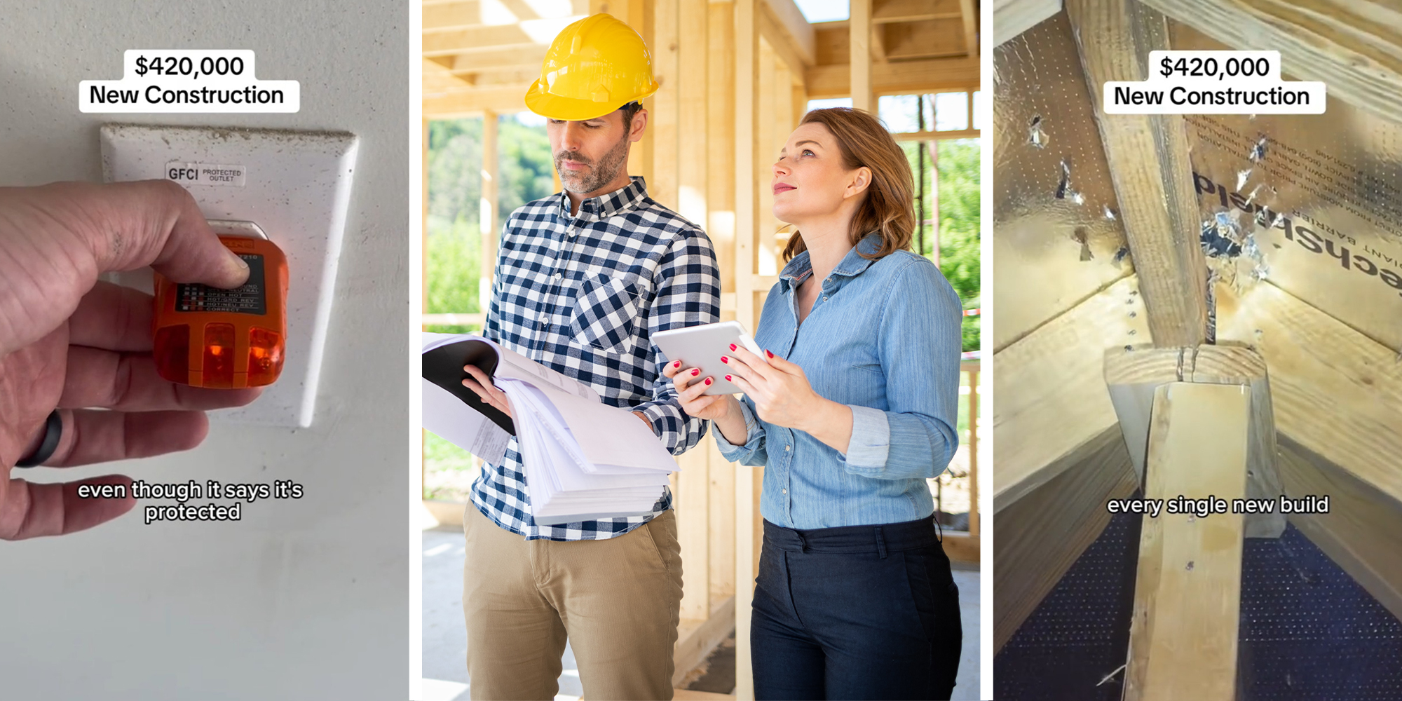 construction worker checking outlets(l) Construction Worker and woman inspecting build(c) Construction damaged(r)