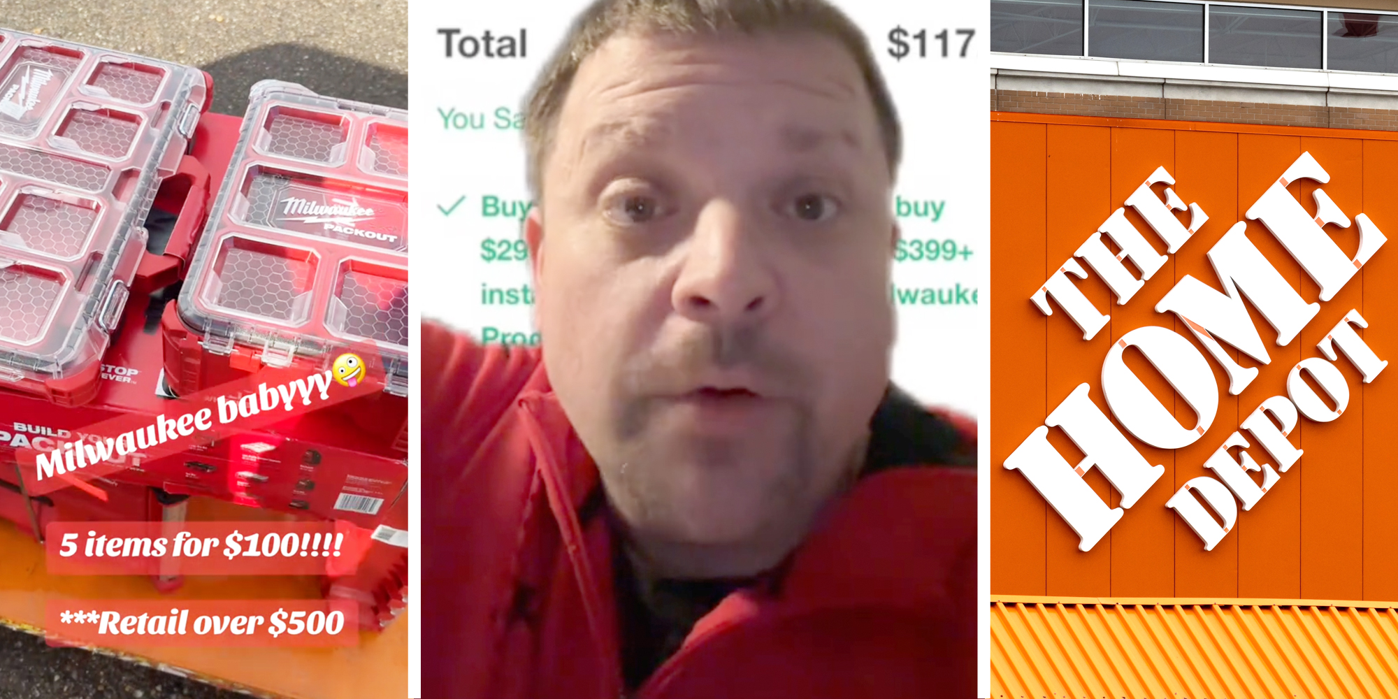 Milwaukee tools with text that says "milwaukee babyyyy - 5 items for $100!!!! **** Retail over $500"(l), Man talking(c), The Home Depot storefront(r)