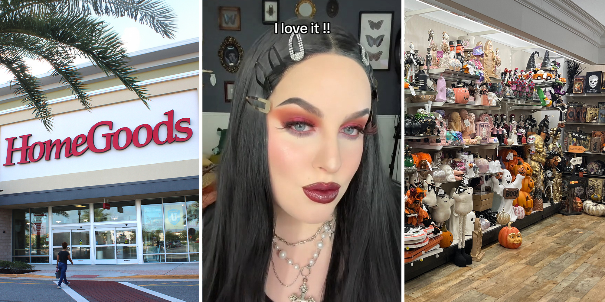 HomeGoods Store Front(l) Woman with red makeup(c) HomeGoods halloween decor(r)