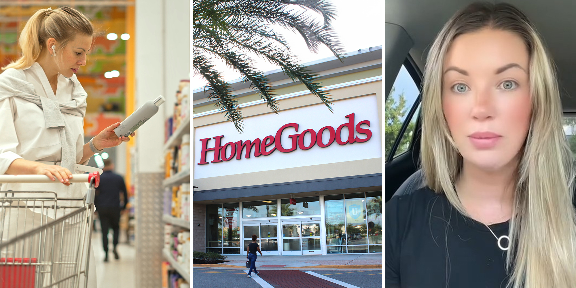 Woman shopping in store(l); HomeGoods Store Front(c) Woman looking shocked while sharing experience at HomeGoods(r)