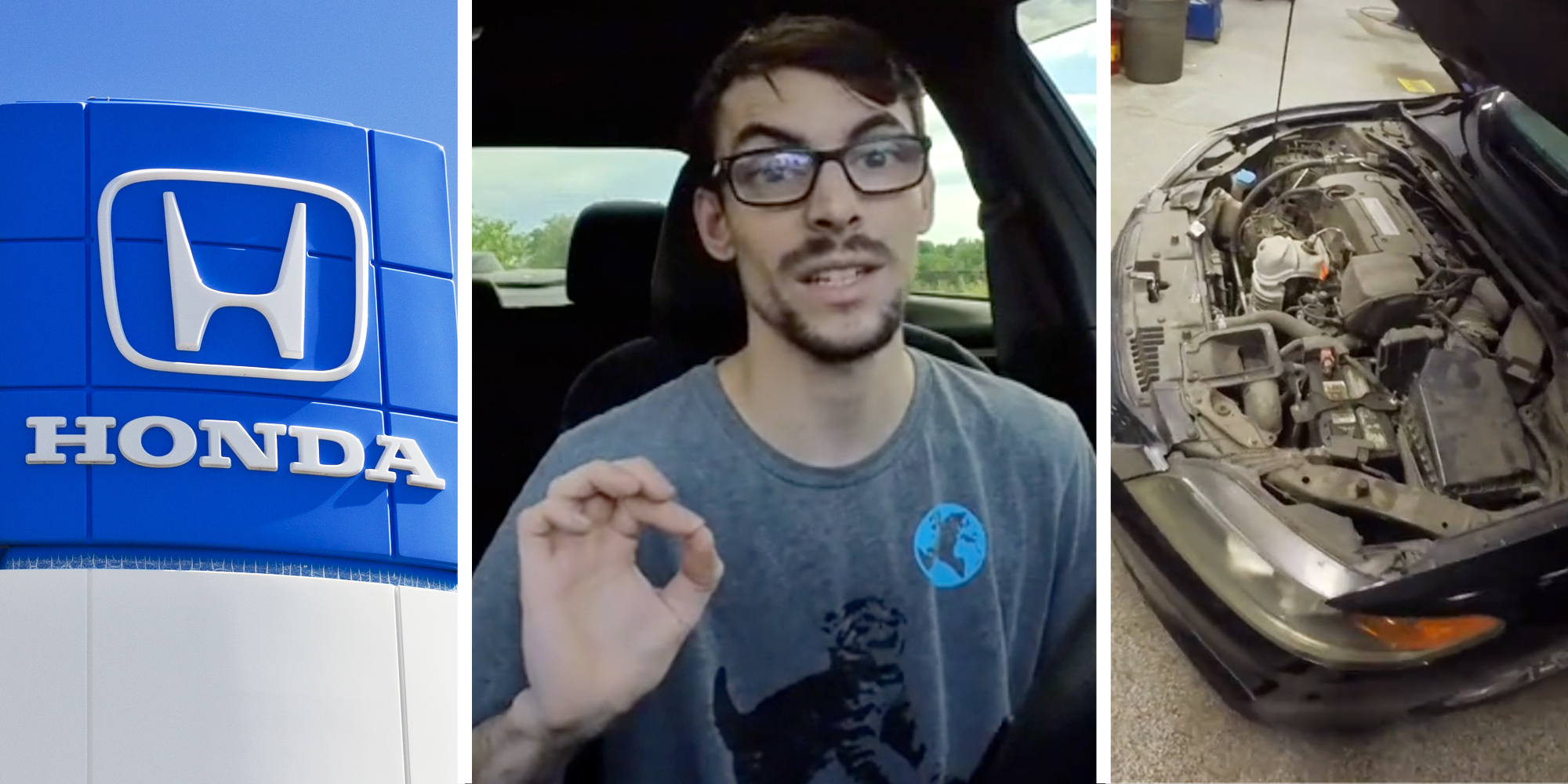 Honda sign(l), Man talking(c), Honda accord engine(r)
