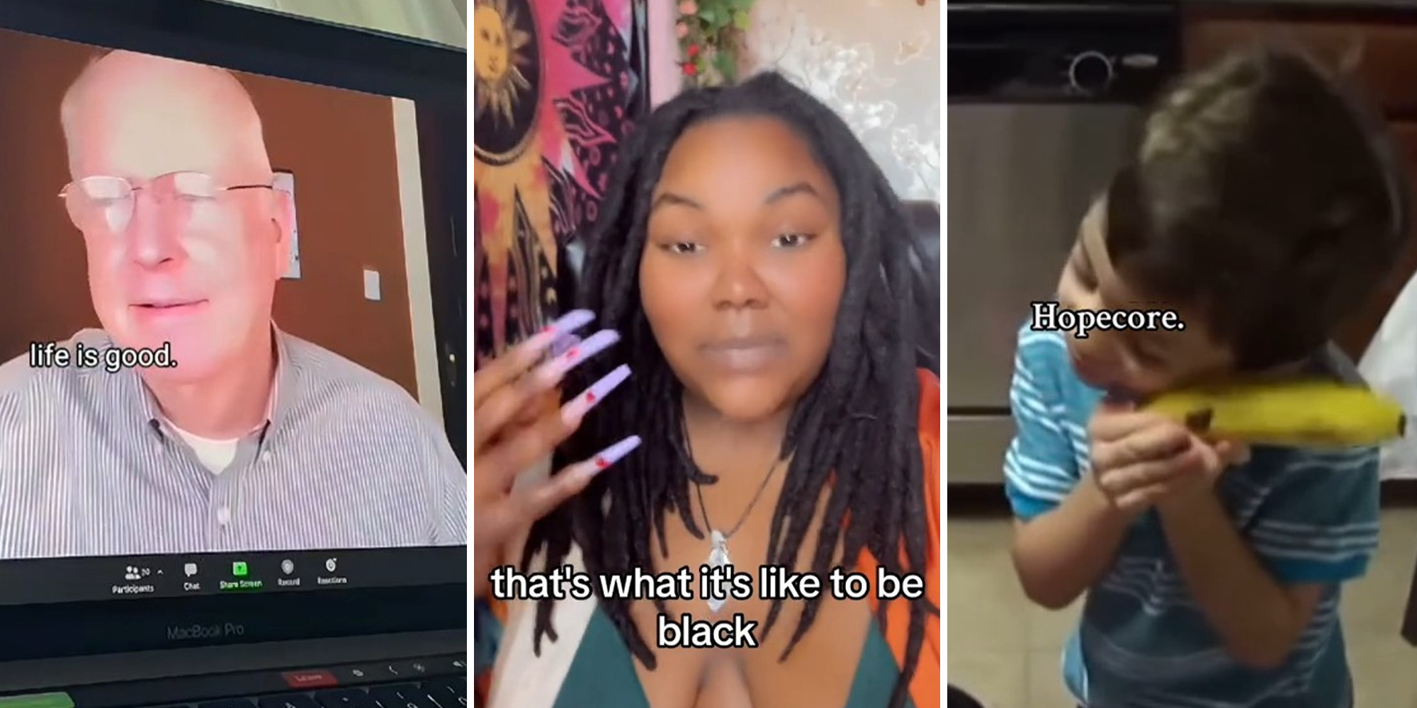 White man on laptopscreen(l) Black woman sharing experience on tiktok(c) Child Hugging a Banana(r)