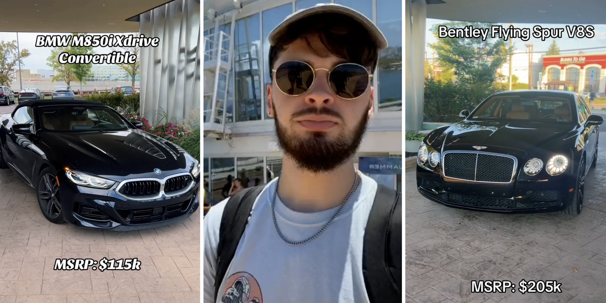 BMW M850idrive convertible(l), Man talking(c), Bentley Flying Spur V8S(r)