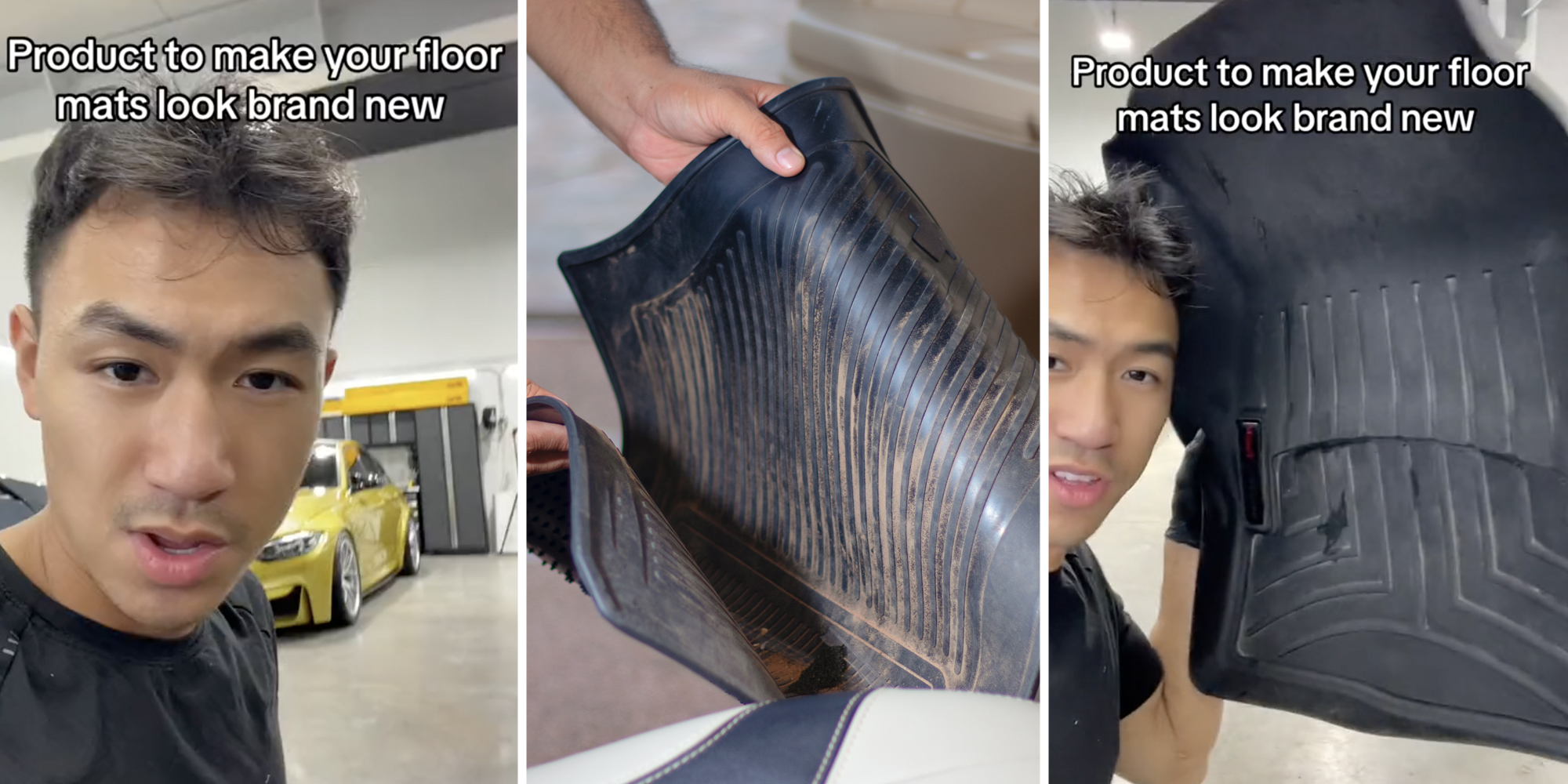 Man talking(l), Hands holding dirty car mat(c), Man holding up mat(r)