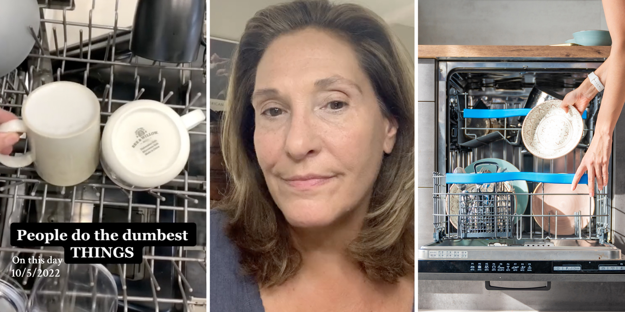 Hands loading mugs in dishwasher(l), Woman talking(c), Hands loading full dishwash(r)