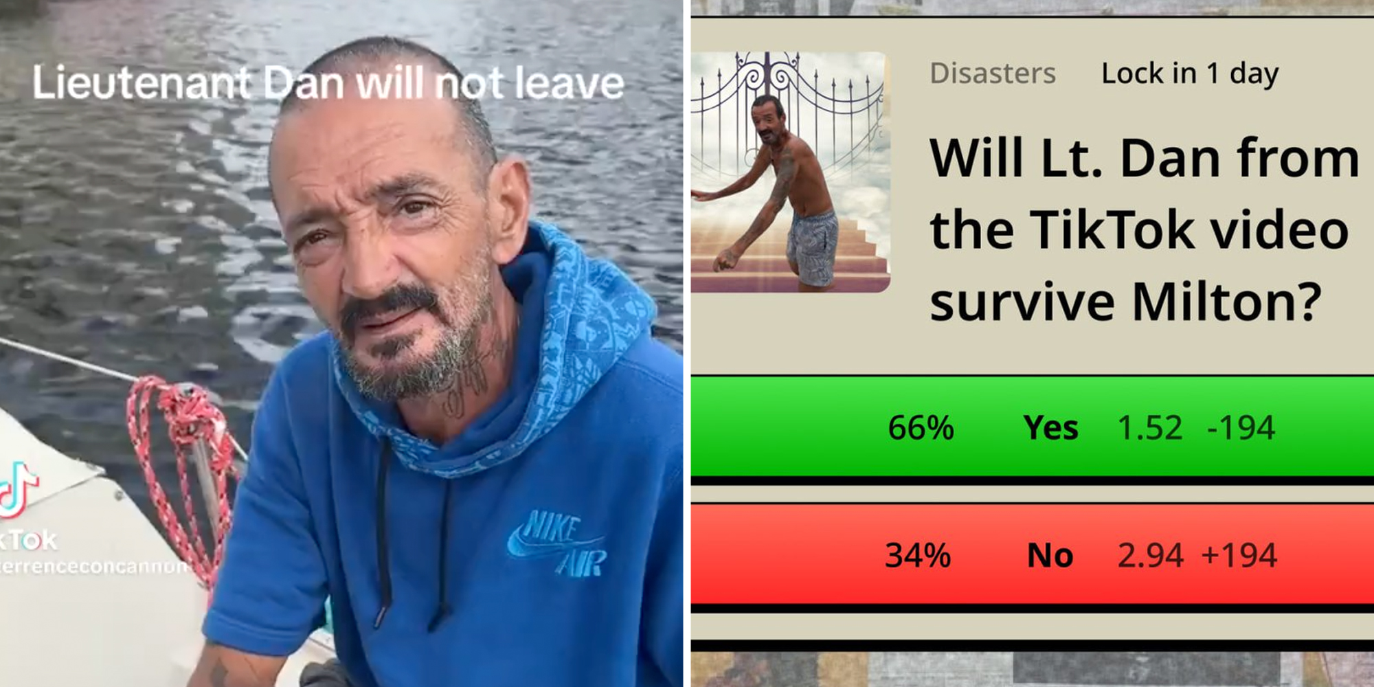 "Lieutenant Dan will not leave" text over man on boat(l), Video game casino still(r)