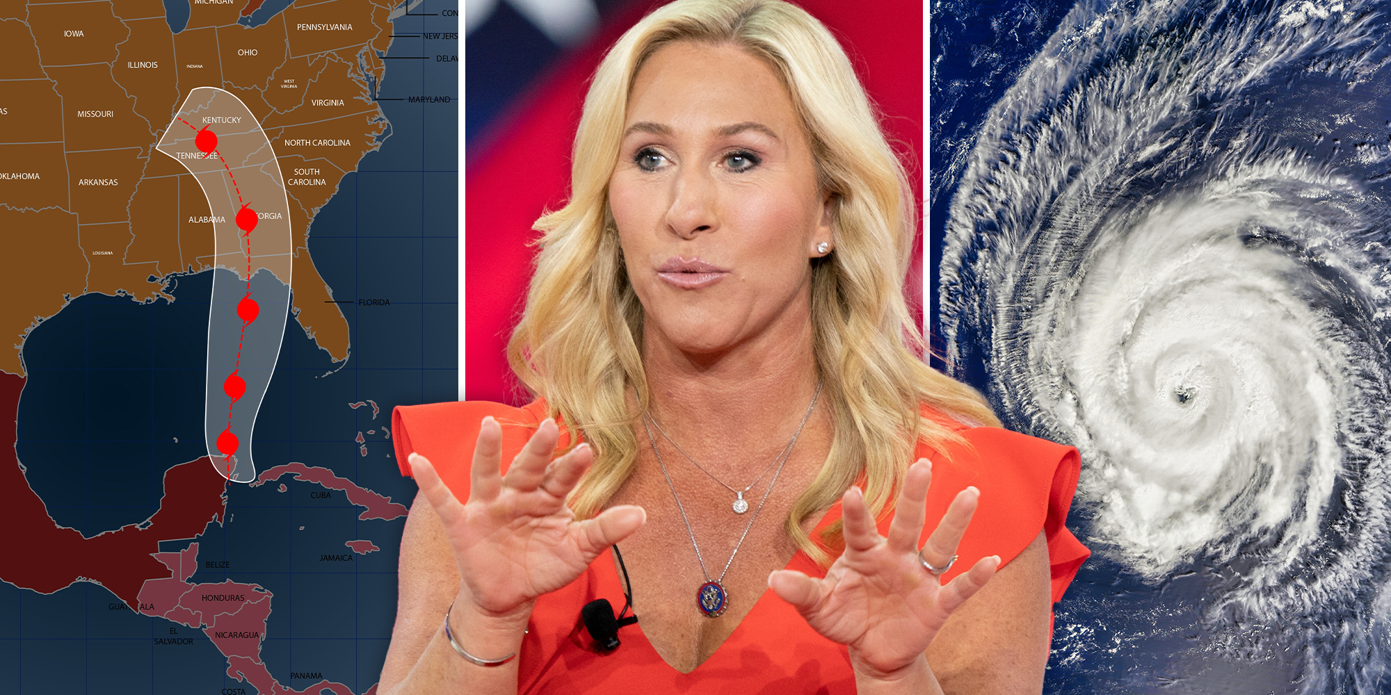 Hurricane Helene expected path way(l) Congresswoman Marjorie Taylor Greene(c) Satellite view of Hurricane Helene (r)