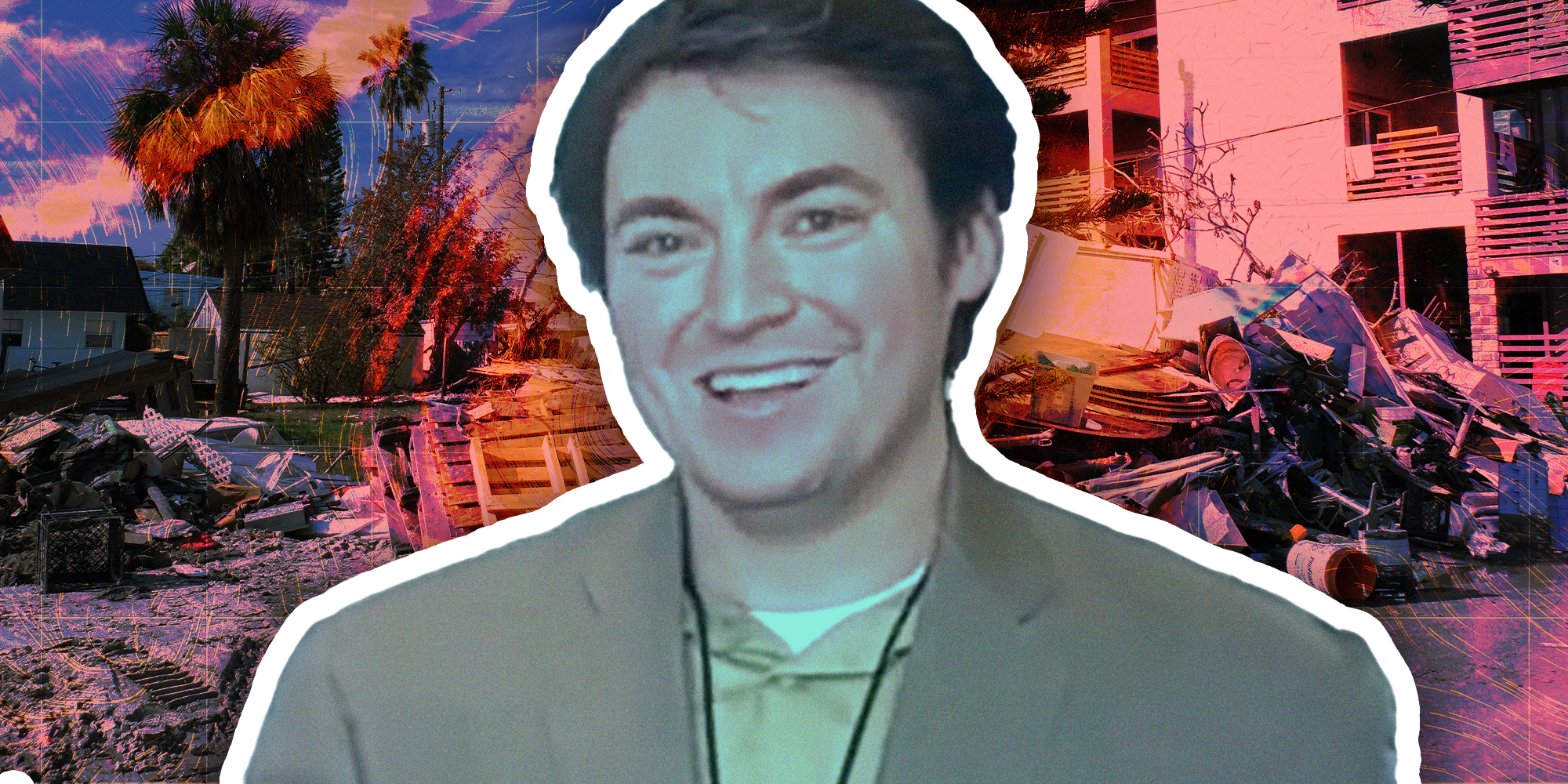 Michael J Thompson with hurricane damages background