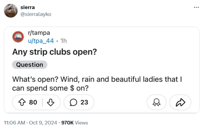 Screenshot of a Quora question asking if there are strip clubs open in Tampa on October 9, 2024.