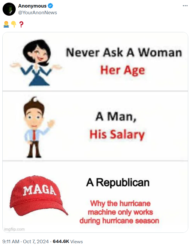 Hurricane Milton meme in the "never ask a woman her age" format.