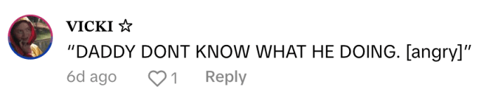 TikTok comment that reads, "'DADDY DONT KNOW WHAT HE DOING. [angry]'"