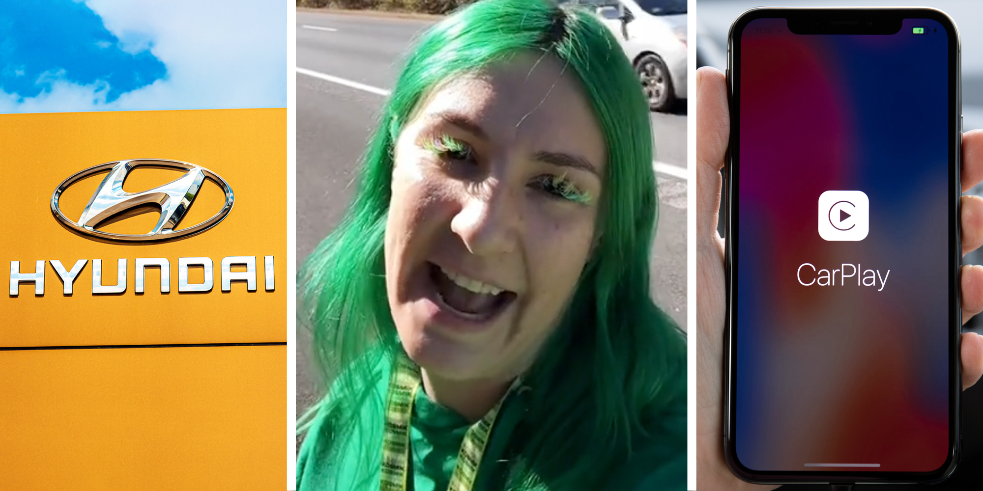 Hyundai sign(l), Woman talking(c), Hand holding phone with carplay app(r)