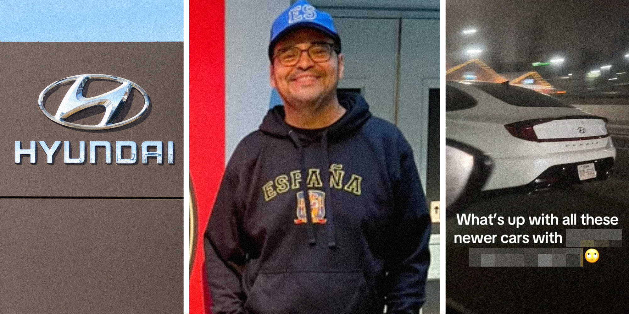 Hyundai sign(l), Man talking(c), Car driver at night with text that says "what's up with all these newer cars with *censored*"(r)