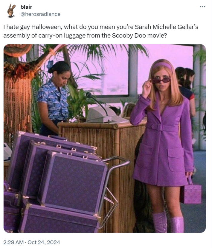"I hate gay Halloween, what do you mean you’re Sarah Michelle Gellar’s assembly of carry-on luggage from the Scooby Doo movie?" with a photo of